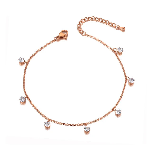 Lokaer Bohemia Stainless Steel Rose Gold Plated Beach Charm Anklet Foot Jewelry CZ Crystal Chain Link Anklets For Women A20007