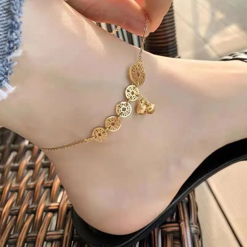 Five Copper Bell Pendant Anklets For Women Korean Fashion Stainless Steel Charm Foot Bracelets Beach Ankle Chain Jewelry