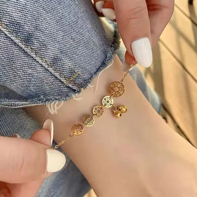 Five Copper Bell Pendant Anklets For Women Korean Fashion Stainless Steel Charm Foot Bracelets Beach Ankle Chain Jewelry