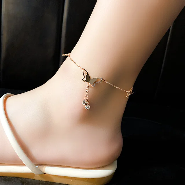 Delicate Butterfly Pendant Women Anklets Jewelry Stainless Steel Fashion Cubic Zirconia Ankle For Women