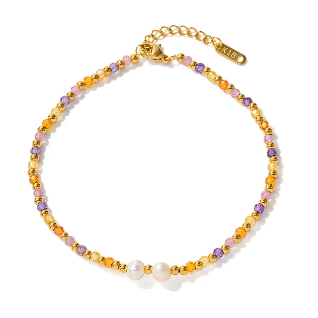 316L Stainless Steel Colorful Glass Beads Natural Freshwater Pearl Bead Chain Anklet For Women Girl New Waterproof Jewelry Gift