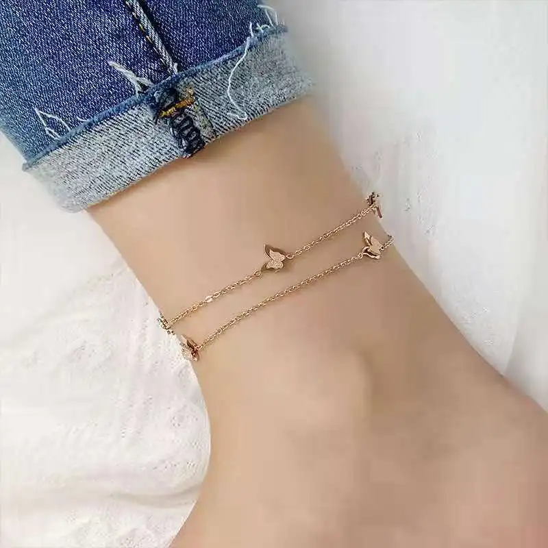 Stainless Steel Gold Color Butterfly Shaped Anklets Double Layer Anklets 2023 New For Women Fashion Gift Party Jewelry Gift