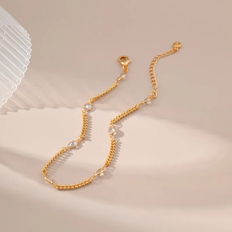 Copper Plated 18K Gold Double Layer Round Bead Chain Design Zirconia Accessories Simple Fashion Anklet Women Popular Jewelry