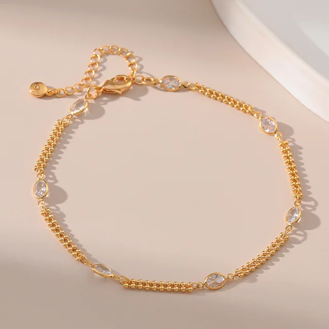Copper Plated 18K Gold Double Layer Round Bead Chain Design Zirconia Accessories Simple Fashion Anklet Women Popular Jewelry