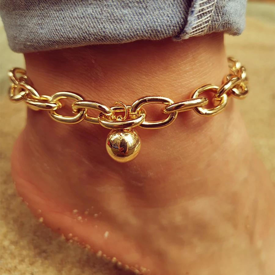Simple Anklet Bracelets Round ball Foot Jewelry for Women Gold Color Cuban Link Chain Chunky Anklets Sandles Gothic Accessories