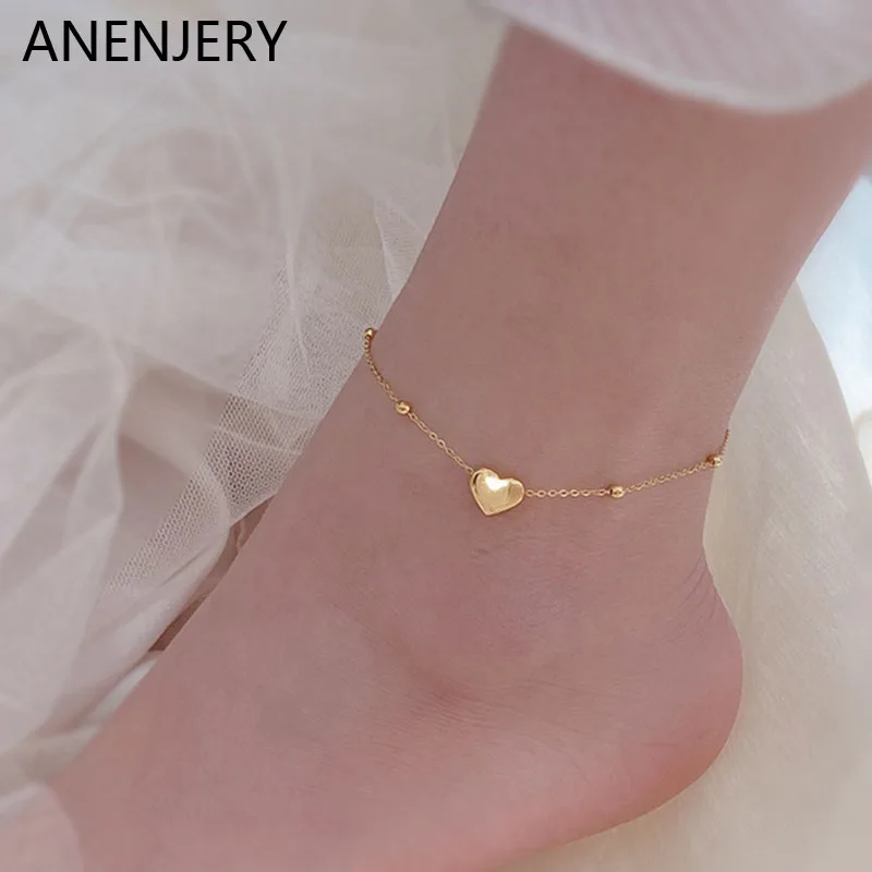 ANENJERY 316L Stainless Steel Woman Anklets Simple Love-Shaped Titanium Steel Colorfast Waterproof Beach Anklet