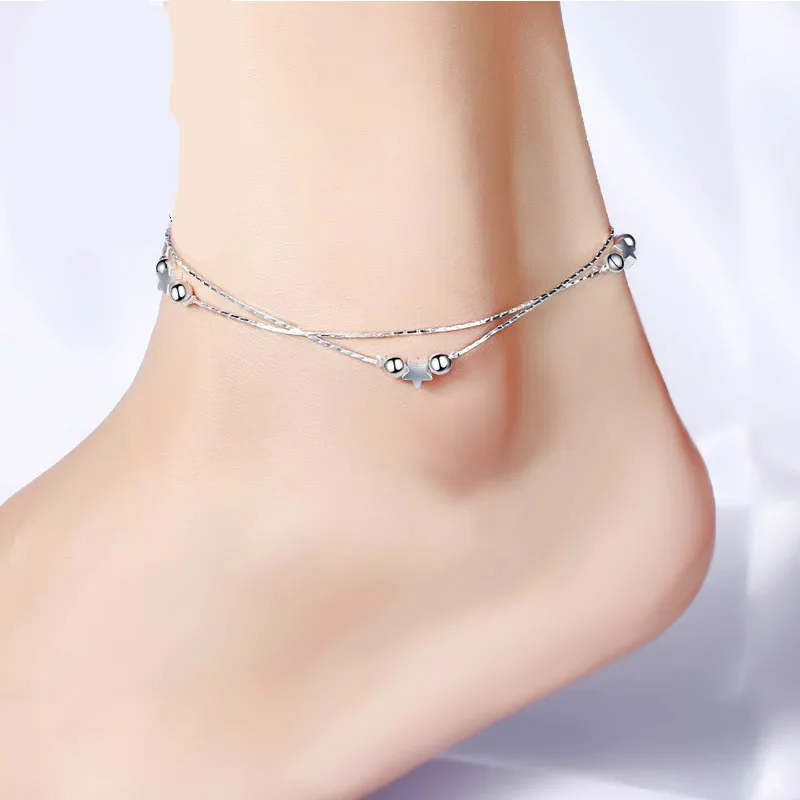 Women's Two Layers Polish Star Beads Charm 925 Sterling Silver Anklet Leg Chain Summer Jewelry Ankle Bracelets Wholesales