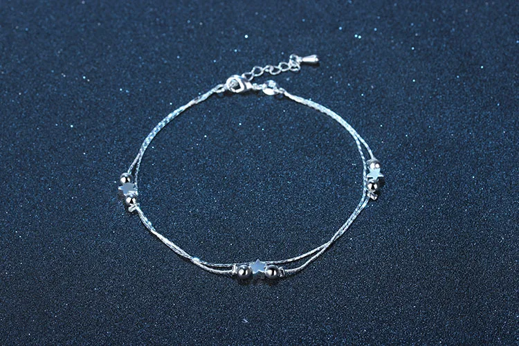 Women's Two Layers Polish Star Beads Charm 925 Sterling Silver Anklet Leg Chain Summer Jewelry Ankle Bracelets Wholesales