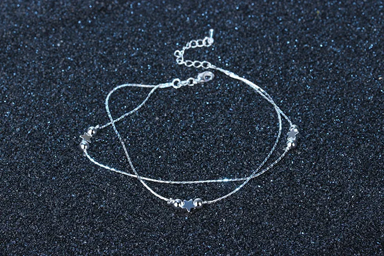 Women's Two Layers Polish Star Beads Charm 925 Sterling Silver Anklet Leg Chain Summer Jewelry Ankle Bracelets Wholesales