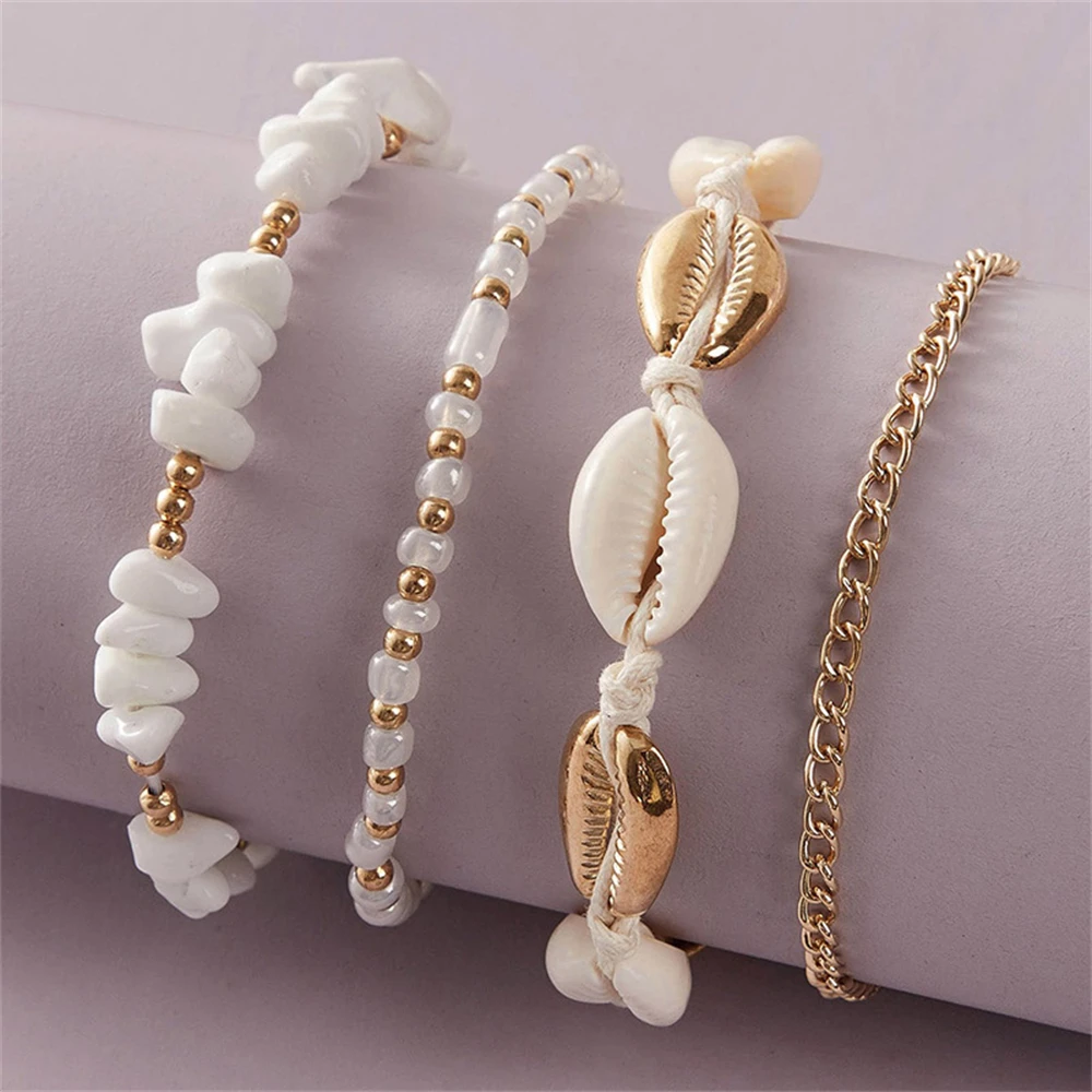 Fashion Vintage Leather Rope Conch Beaded Anklet Women Girls Summer Beach Imitation Pearl Crystal Starfish Pendant Foot Chain