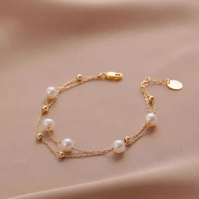 316L Stainless Steel Double Layer Pearl Anklets For Women Girl New Trend Leg Chain Waterproof Summer Beach Jewelry Foot Gift