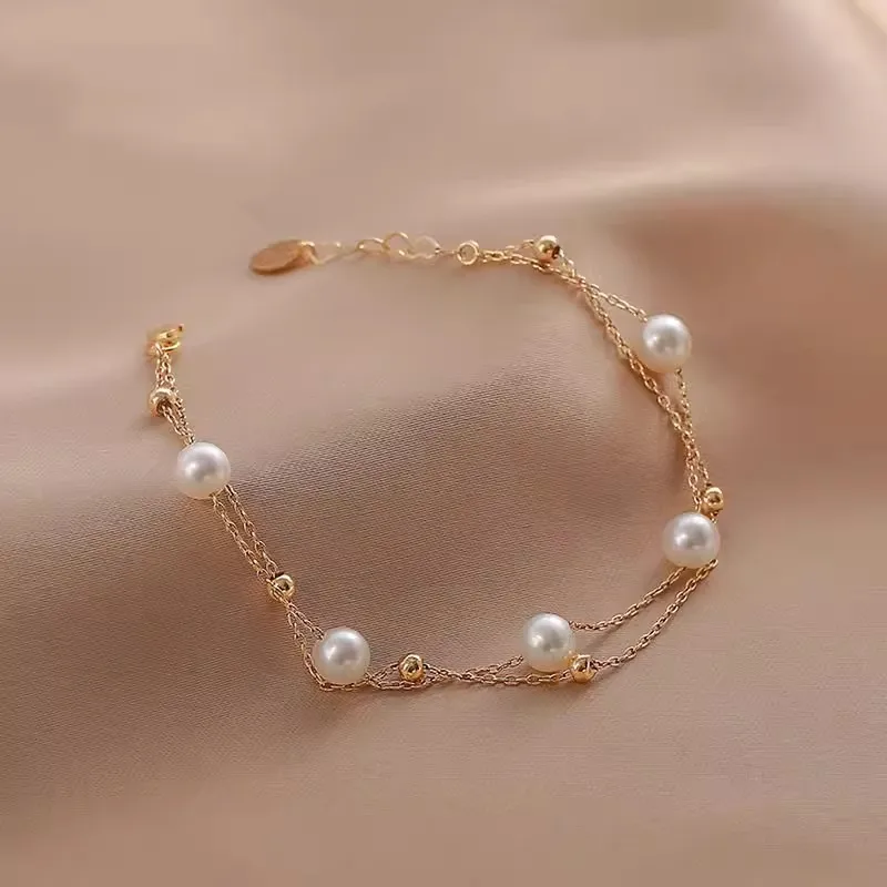 316L Stainless Steel Double Layer Pearl Anklets For Women Girl New Trend Leg Chain Waterproof Summer Beach Jewelry Foot Gift