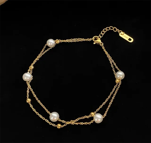 316L Stainless Steel Double Layer Pearl Anklets For Women Girl New Trend Leg Chain Waterproof Summer Beach Jewelry Foot Gift