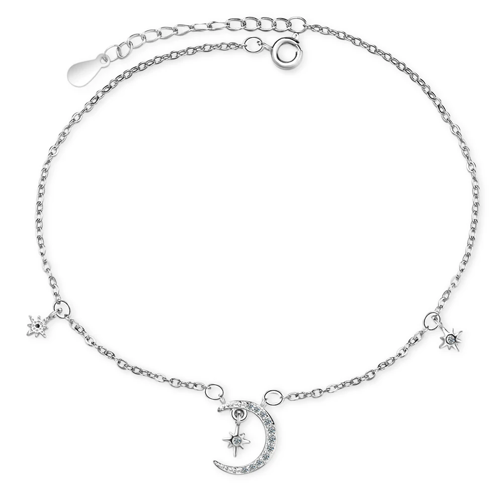 Fashion 925 Sterling Silver Star&Moon Zircon Pendant Anklet Bracelet Constellation Symbol Foot Chain Women&Girl Jewelry Gift