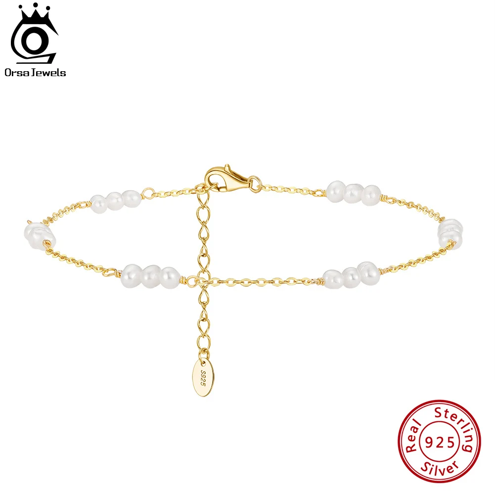 ORSA JEWELS 14K Gold Natural Freshwater Pearls Chain Anklet for Women Trendy Pearl Foot Chain Anklet Summer Beach Jewelry SA36