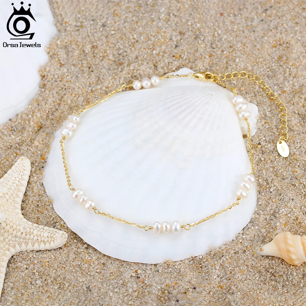 ORSA JEWELS 14K Gold Natural Freshwater Pearls Chain Anklet for Women Trendy Pearl Foot Chain Anklet Summer Beach Jewelry SA36