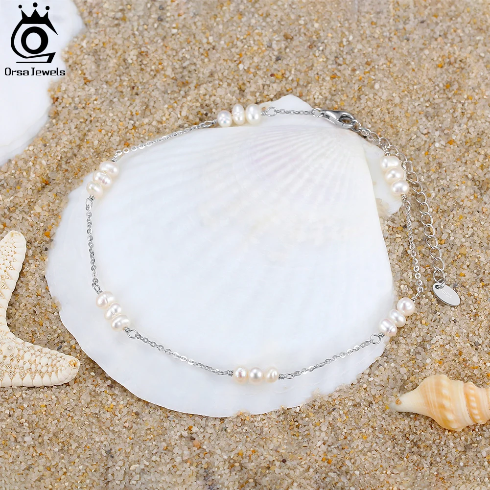 ORSA JEWELS 14K Gold Natural Freshwater Pearls Chain Anklet for Women Trendy Pearl Foot Chain Anklet Summer Beach Jewelry SA36