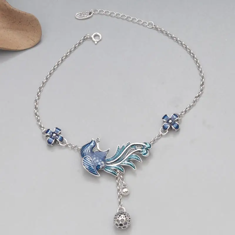 Ethnic Peacock Flower Foot Chain Anklets for Women Vintage 925 Sterling Silver Enamel Anklet Bracelet Foot Jewelry