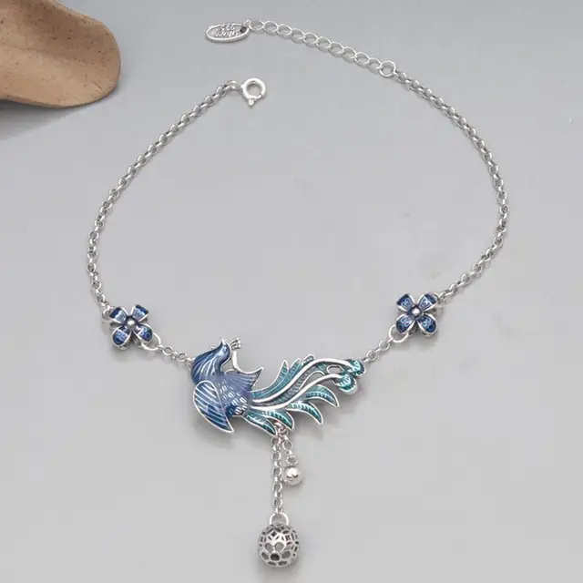 Ethnic Peacock Flower Foot Chain Anklets for Women Vintage 925 Sterling Silver Enamel Anklet Bracelet Foot Jewelry
