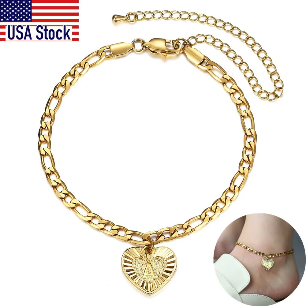Heart Alphabet Leg Bracelet For Women Gold Color Stainless Steel Summer Friendship Gifts Letter Initial Anklet USA stock KB16A