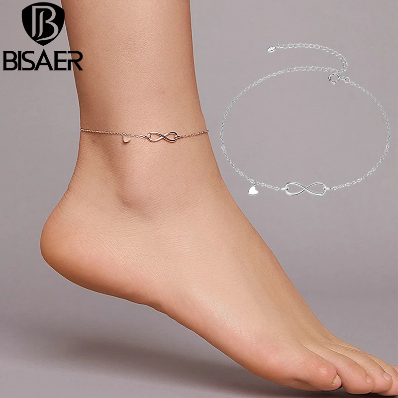 BISAER Infinity Love Anklets 925 Sterling Silver Geometric Heart Chain Anklets For Women Feet Leg Chain Link Jewelry ECT019