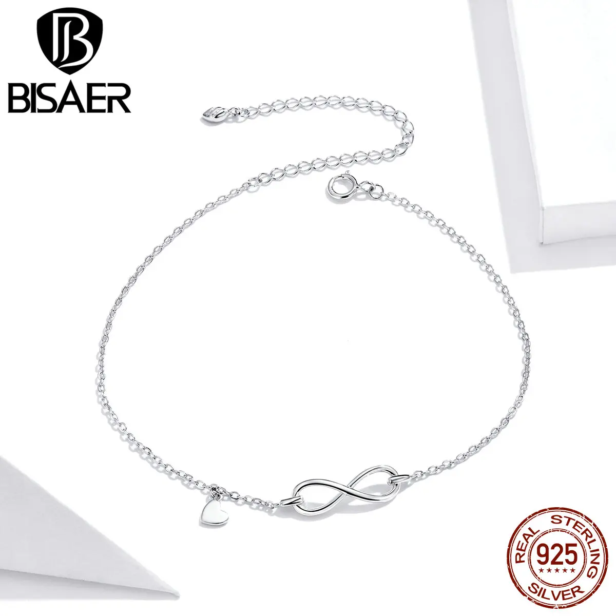 BISAER Infinity Love Anklets 925 Sterling Silver Geometric Heart Chain Anklets For Women Feet Leg Chain Link Jewelry ECT019