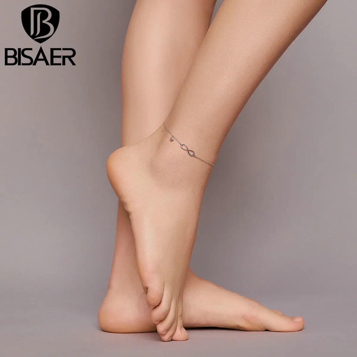 BISAER Infinity Love Anklets 925 Sterling Silver Geometric Heart Chain Anklets For Women Feet Leg Chain Link Jewelry ECT019