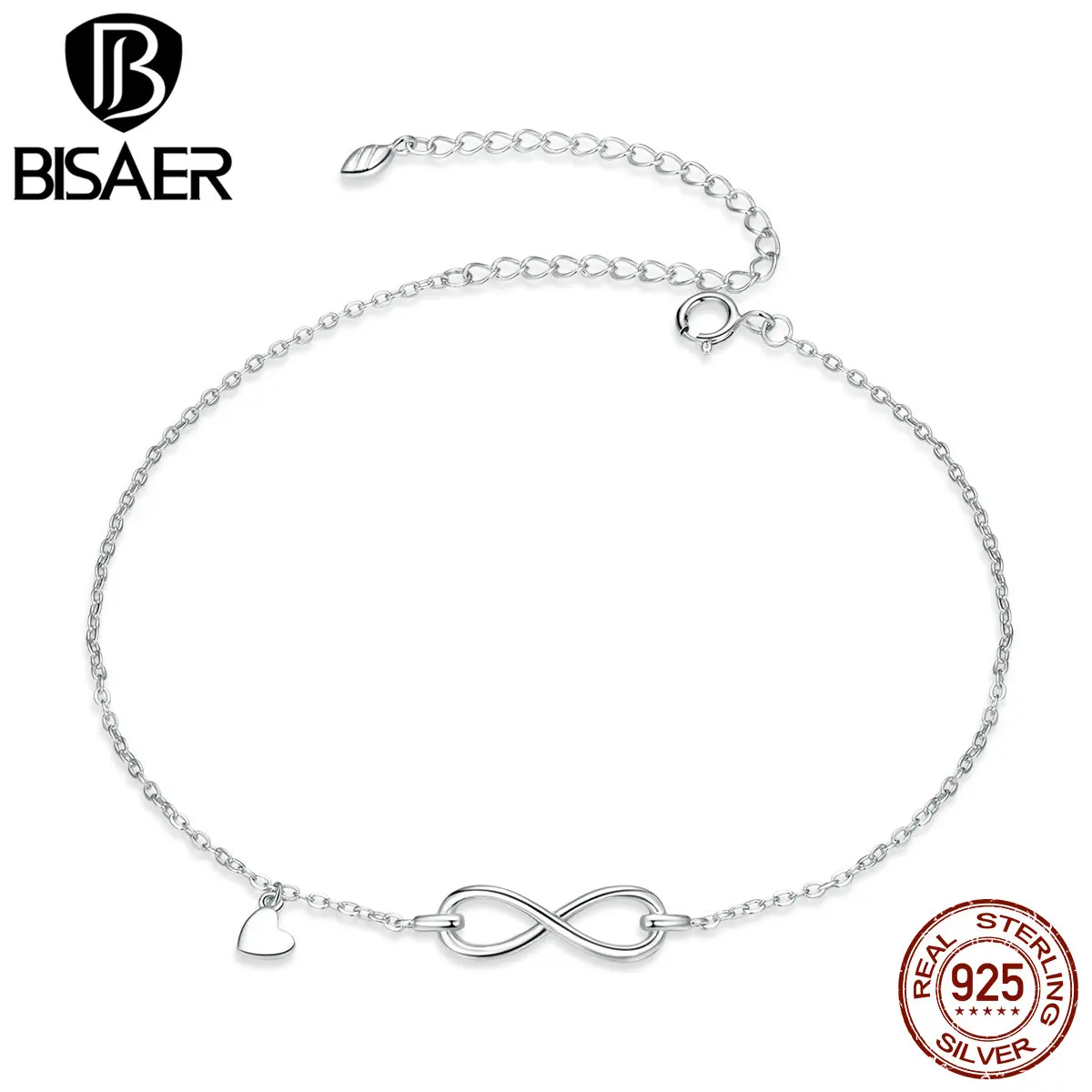 BISAER Infinity Love Anklets 925 Sterling Silver Geometric Heart Chain Anklets For Women Feet Leg Chain Link Jewelry ECT019
