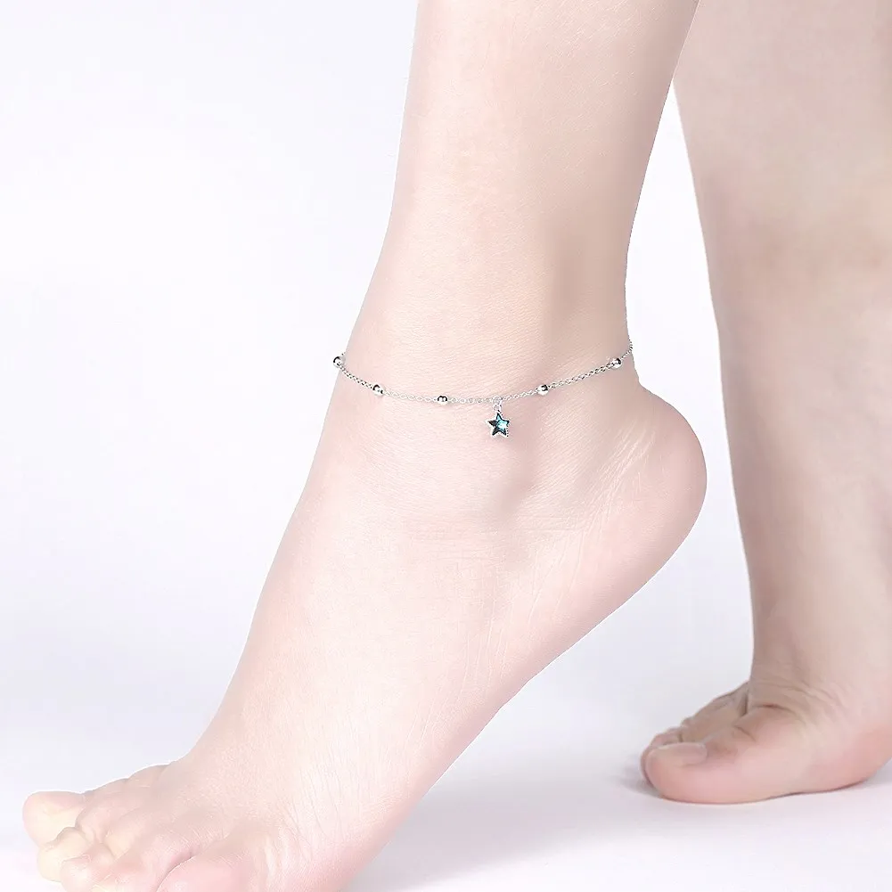 Star Crystal Anklet Fashion 925 Sterling Silver Anklets Women Pure Silver Round Bead Chains Real Sterling Silver Girls Jewelry