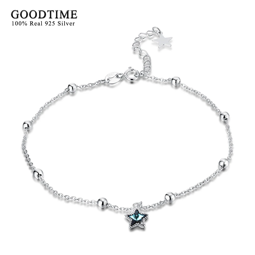 Star Crystal Anklet Fashion 925 Sterling Silver Anklets Women Pure Silver Round Bead Chains Real Sterling Silver Girls Jewelry