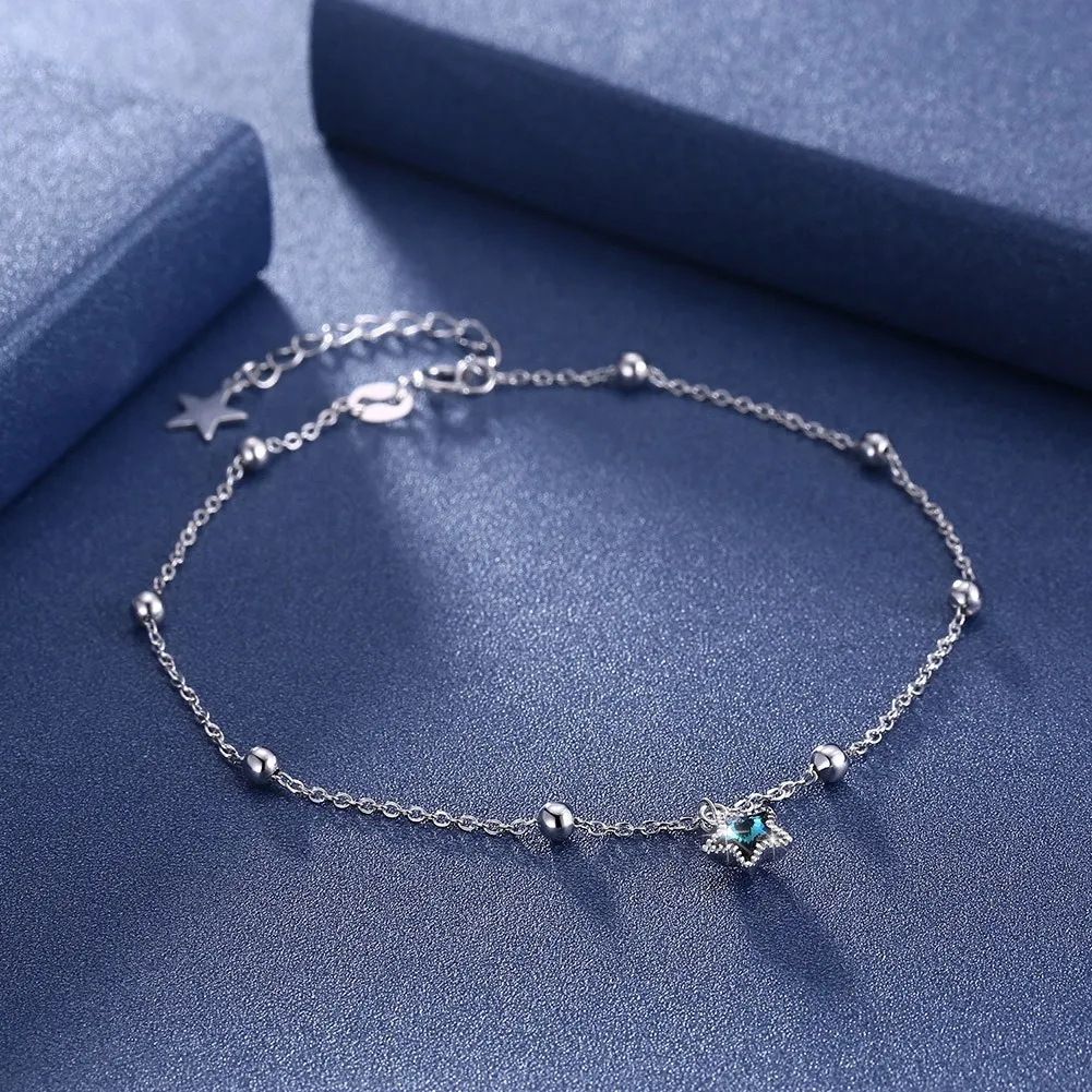 Star Crystal Anklet Fashion 925 Sterling Silver Anklets Women Pure Silver Round Bead Chains Real Sterling Silver Girls Jewelry