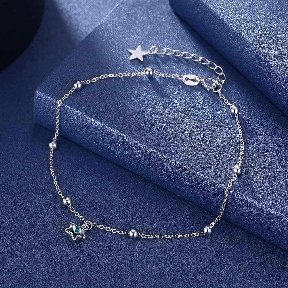 Star Crystal Anklet Fashion 925 Sterling Silver Anklets Women Pure Silver Round Bead Chains Real Sterling Silver Girls Jewelry