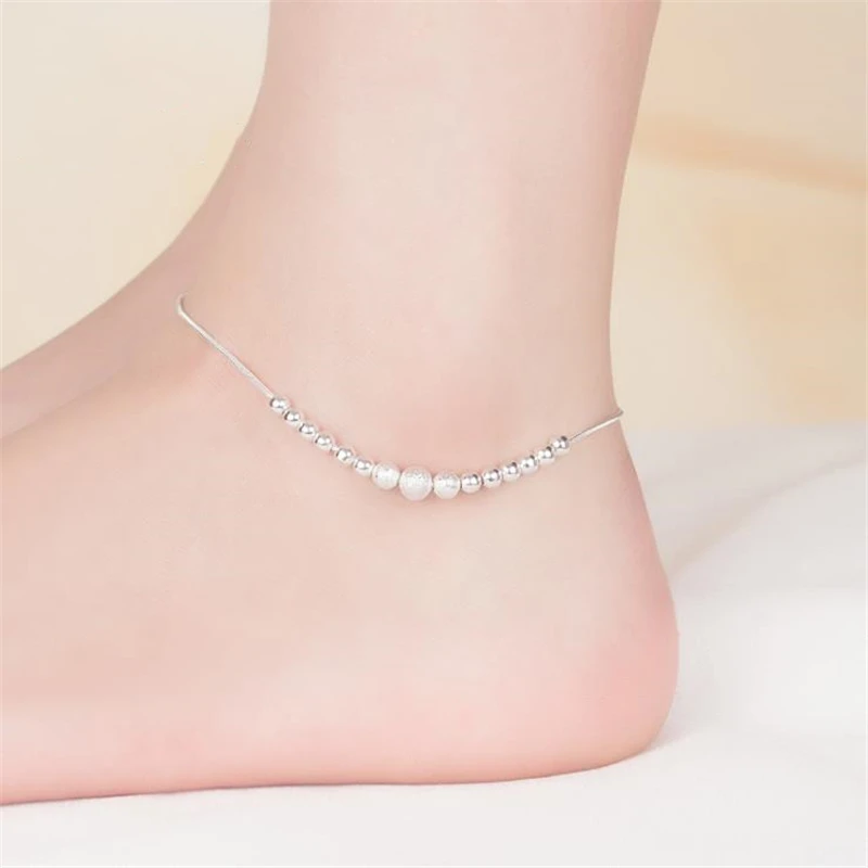 KOFSAC  Fashion Jewelry 925 Sterling Silver Frosted Beads Anklets For Women Bracelets Cute Girl Party Foot Accessories Gifts