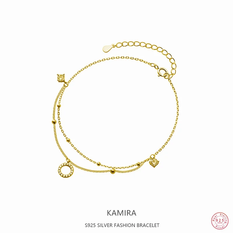 KAMIRA Real 925 Sterling Silver Elegant Foot Chain for Women Geometric Zircon Pendant Anklet Girls Gift Charms Delicate Jewelry