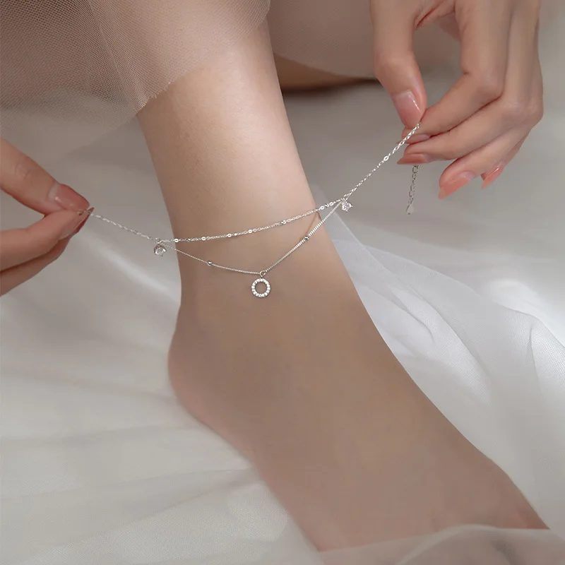 KAMIRA Real 925 Sterling Silver Elegant Foot Chain for Women Geometric Zircon Pendant Anklet Girls Gift Charms Delicate Jewelry