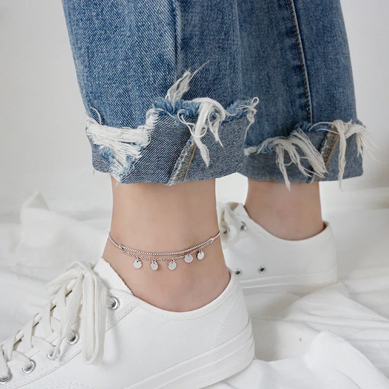 Real 925 Sterling Silver Round Charms Ankle Leg Bracelet Female Foot Chains Double Layered Anklets For Women Fine Jewelry