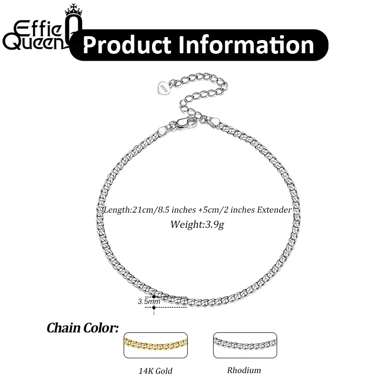 Effie Queen 100% 925 Sterling Silver Cuban Chain Anklet Bracelet for Leg Fashion Summer Beach Foot Jewelry Gold Anklets SA11
