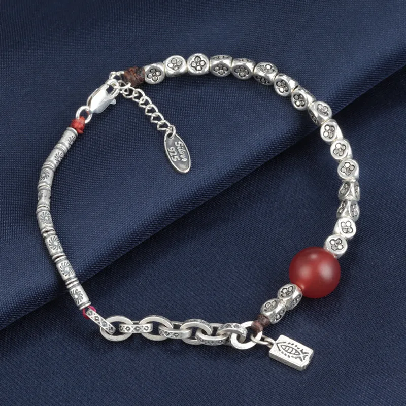 Original Design 925 Sterling Silver Triangle Beads Red Agate Foot Chain for Women Retro Ethnic Handmade Anklet Jewelry JL020
