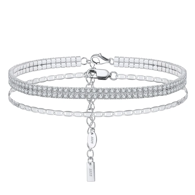 ORSA JEWELS Italian 925 Sterling Silver Sparkle Mirror&2 Rows Tennis Anklet for Women Foot Bracelet Ankle Jewelry Gift SSA03