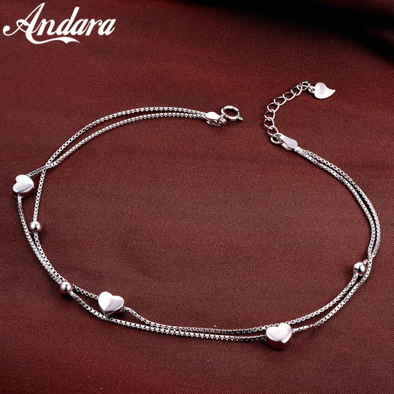 Solid Silver 100% 925 Sterling Silver Anklet Women's Double Love Anklets Luxury Jewelry