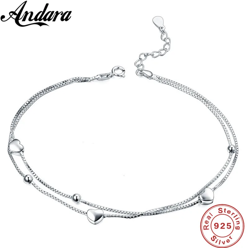 Solid Silver 100% 925 Sterling Silver Anklet Women's Double Love Anklets Luxury Jewelry