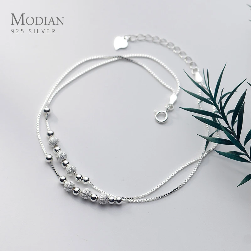 Modian Sterling Silver 925 Rose Gold Color Frosted Ball Light Beads Anklet for Women Snake Bone Chain Korea Style Fine Jewelry