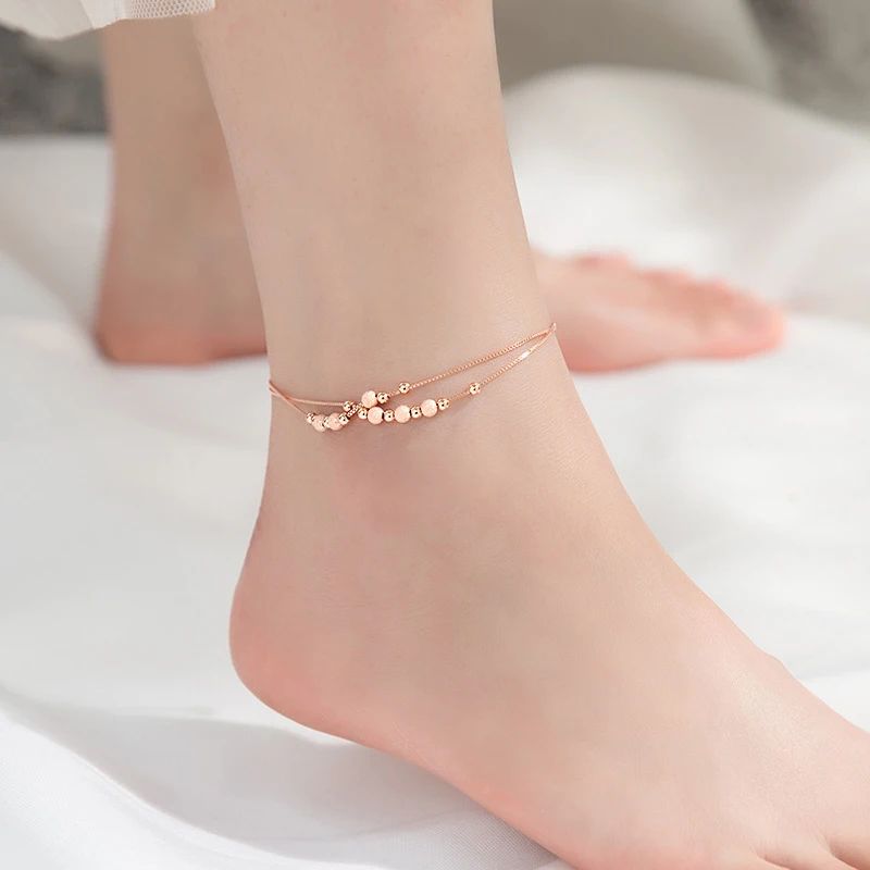 Modian Sterling Silver 925 Rose Gold Color Frosted Ball Light Beads Anklet for Women Snake Bone Chain Korea Style Fine Jewelry