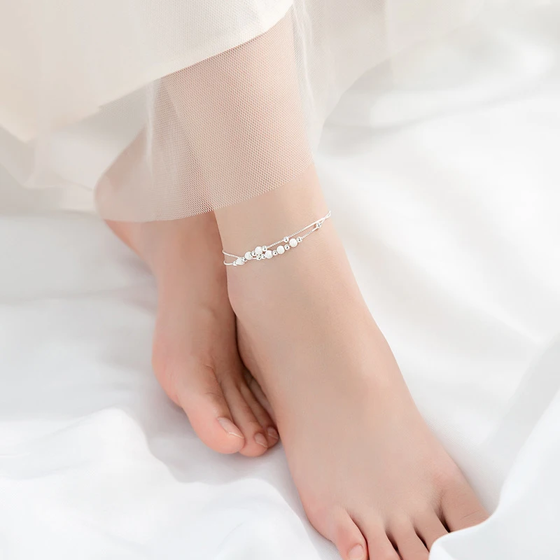 Modian Sterling Silver 925 Rose Gold Color Frosted Ball Light Beads Anklet for Women Snake Bone Chain Korea Style Fine Jewelry