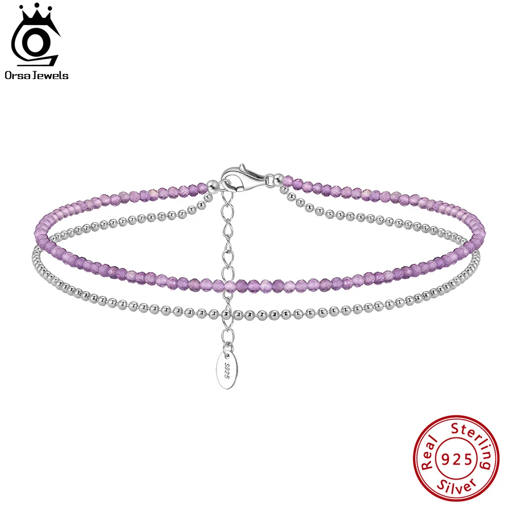 ORSA JEWELS Layered Ball Chain& Amethyst Chain Anklets 925 Silver Adjuatable Women Anklet Bracelet Summer Barefoot Jewelry SA45