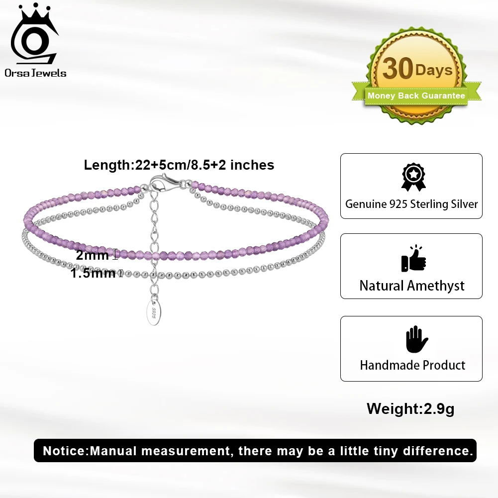 ORSA JEWELS Layered Ball Chain& Amethyst Chain Anklets 925 Silver Adjuatable Women Anklet Bracelet Summer Barefoot Jewelry SA45