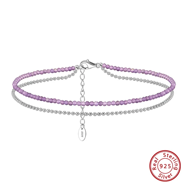 ORSA JEWELS Layered Ball Chain& Amethyst Chain Anklets 925 Silver Adjuatable Women Anklet Bracelet Summer Barefoot Jewelry SA45