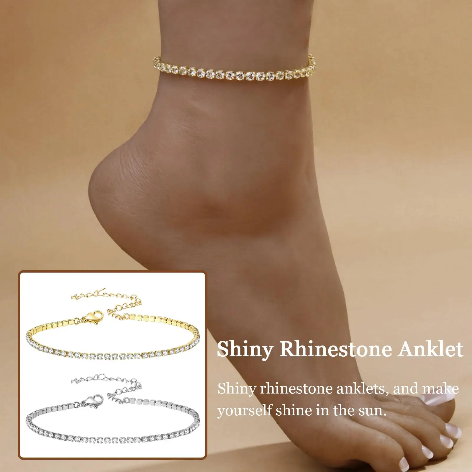 Simple Rhinestone Tennis Anklets For Women Gold Plated Charm Link Flat Gold Anklets Summer Accessories Crystal Ankle Bracel R6R0