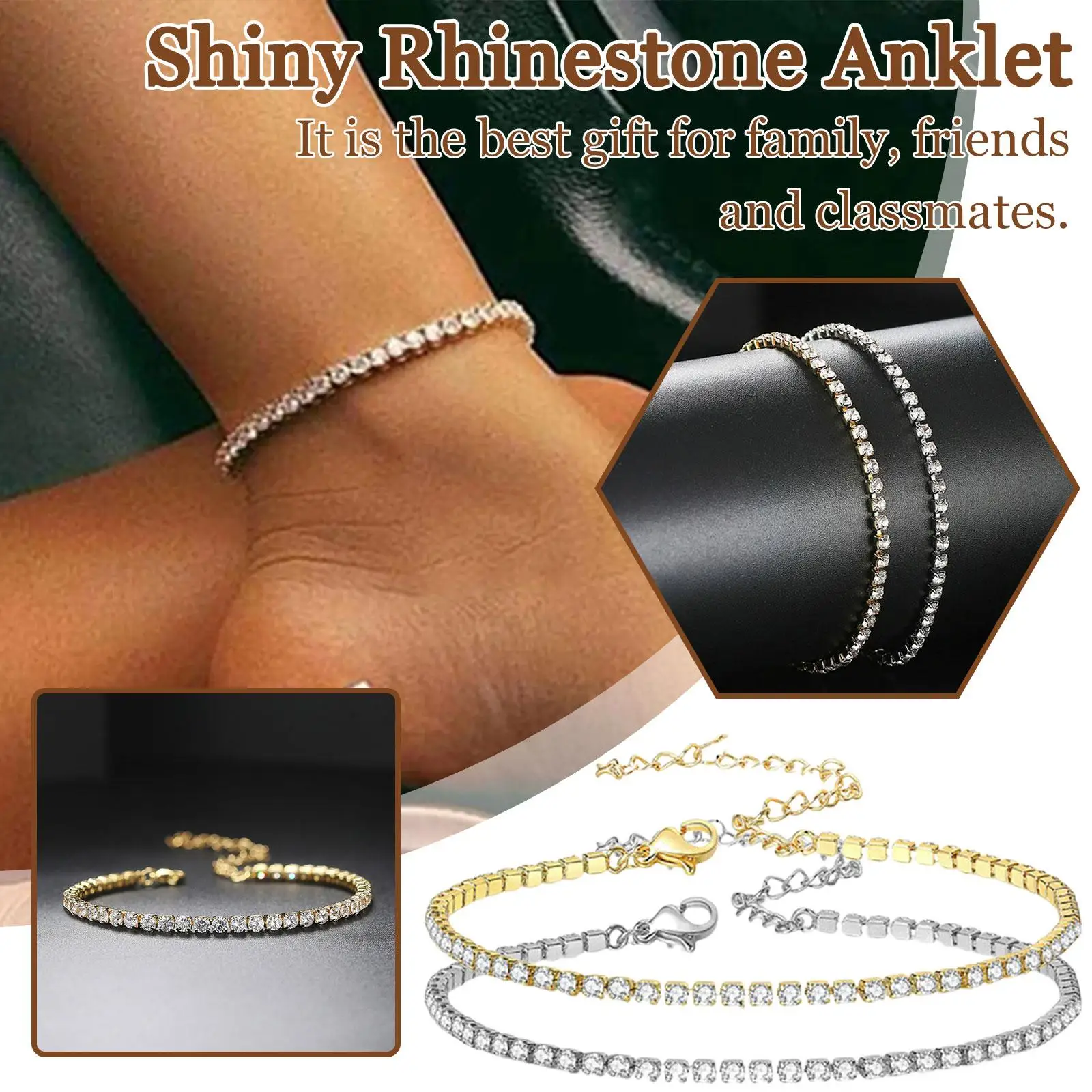 Simple Rhinestone Tennis Anklets For Women Gold Plated Charm Link Flat Gold Anklets Summer Accessories Crystal Ankle Bracel R6R0