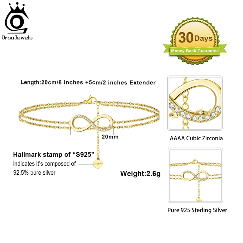 ORSA JEWELS 925 Sterling Silver Fashion Layered Infinity & Satellite Chain Anklet 20+5cm Extension  Jewelry For Woman Gift SA16